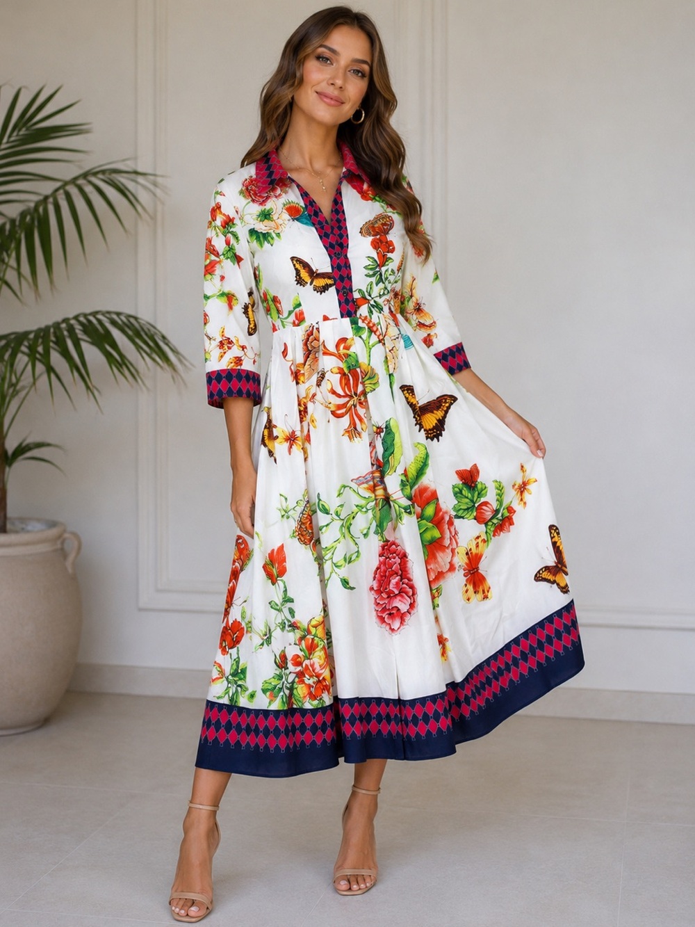BURRYCO Women’s Floral Butterfly Shirt Dress White Multicolor Size M NWT
